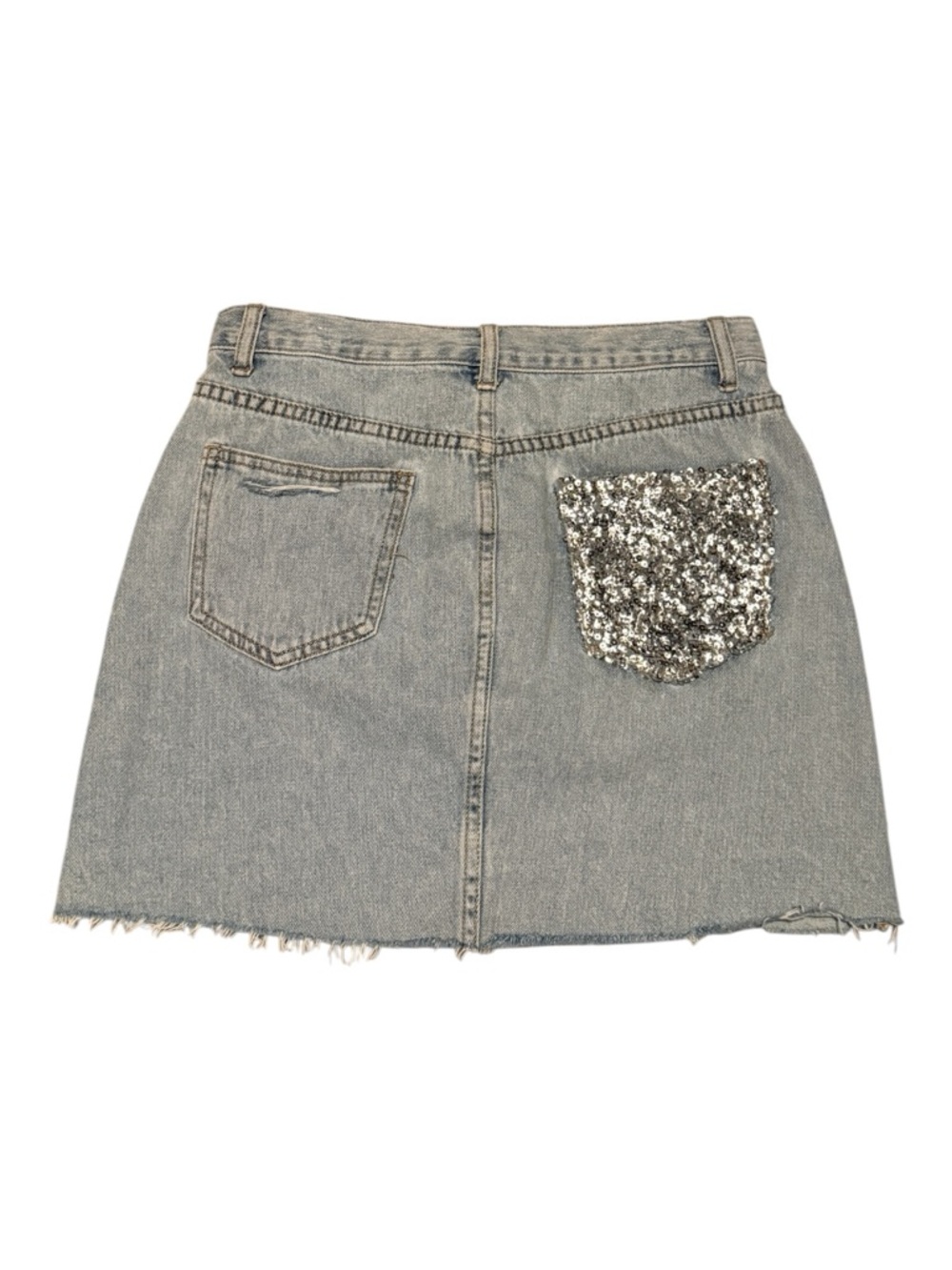 Silver-Sequin Light Blue Denim Mini Skirt - Picture 2 of 2